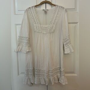 White Crochet Trimmed Cotton Boho Midi Dress EUC Size M